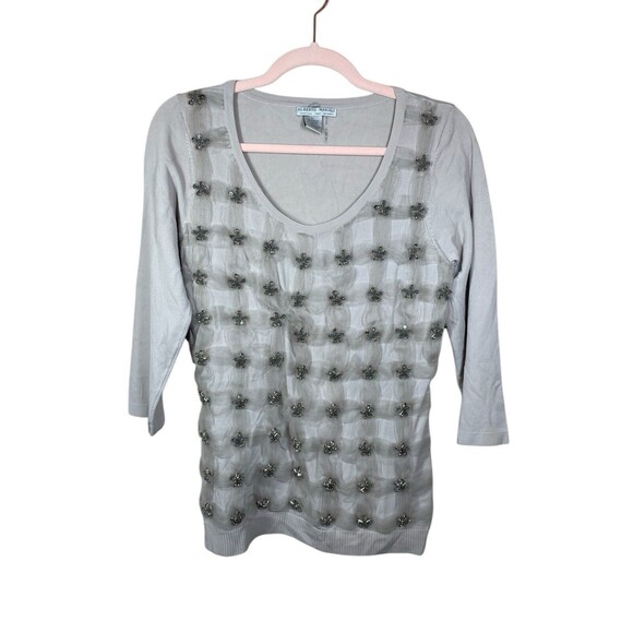 ALBERTO MAKALI Rhinestone Embellished Tulle Holiday Scoop Neck Sweater Large - Picture 1 of 9